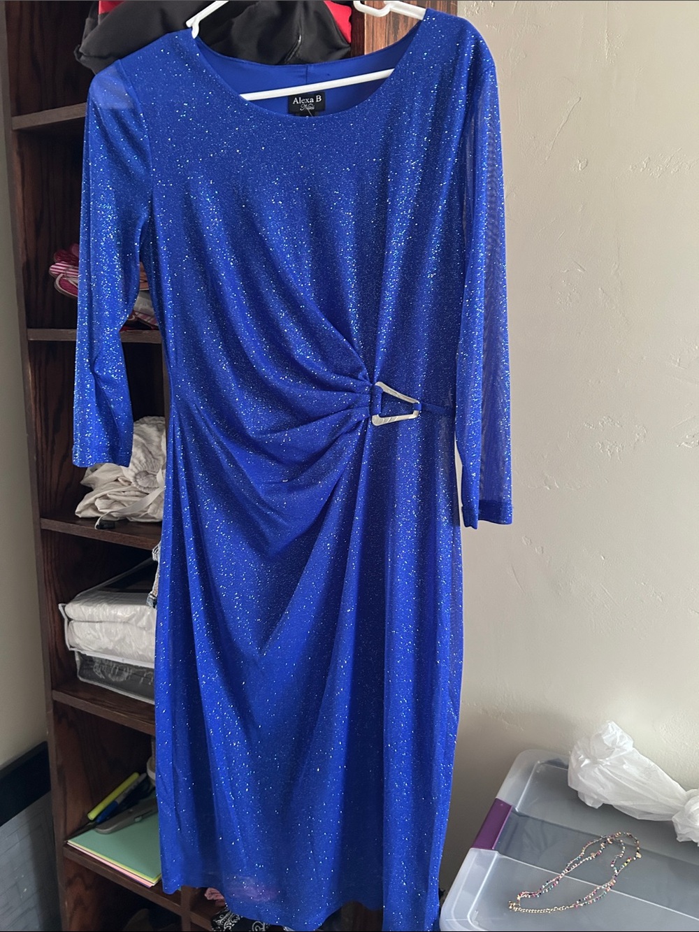 Alexa B Royal Blue Sparkle Side-Twist Long Sleeve Dress